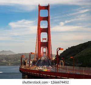 Long Exposure Photograph Of Cars Commuting On The Golden Gate Bridge, San Francisco, California.