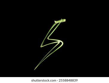 A long exposure photograph. Light painting photography, a vibrant lightning bolt shape outline against a black background