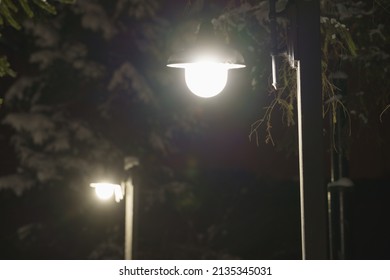 Long exposure photography in winter night. Eletrical light of street lanterns. Desert public park alley in the winter night in Moscow. No people. - Powered by Shutterstock