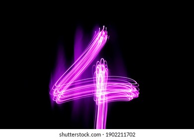 Long exposure photography. Writes 4 with pink light on black background. Neon lights wallpaper.
