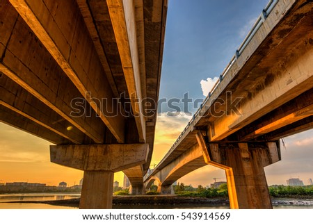 A long exposure picture of beautyful burning sunset under the bridge