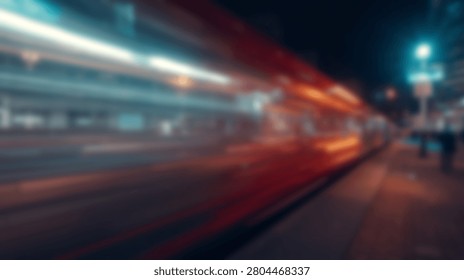 A long exposure shot capturing the dynamic motion and colorful light trails of a speeding tram along an urban street at night.
