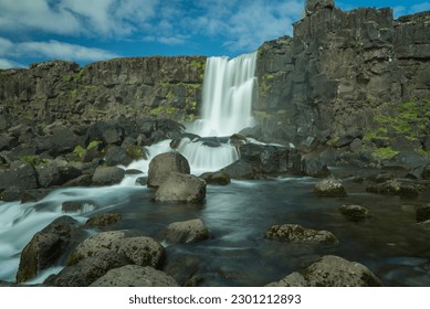 Long exposure shot of Öxarárfoss, Oxararfoss waterfall in Þingvellir ( Thingvellir) national park in the south of Iceland. golden circle, sightseeing, travel, summer, day, waterfall, pure, wilderness