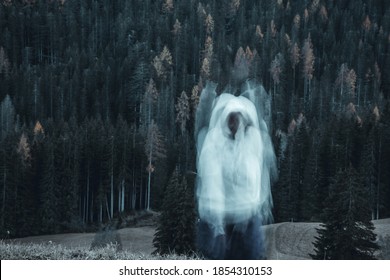 Long Exposure Shot Of Subject In Movement, Creating A Ghost Or Spirit Or Ectoplasm Appearing Just Outside A Thick Forest.