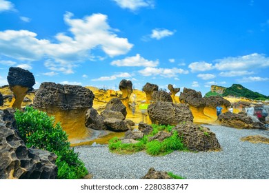 Long exposure shot of Yehliu Geopark. Yehliu is a popular tourism destination where rocks are eroded by nature to various shape.