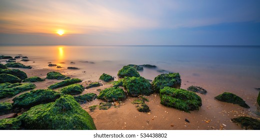 A long exposure sunset of Algae covered rocks in the bay. 