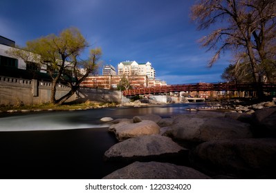 Long Exposure Of Truckee River Downtown Reno