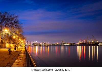 Long Exposure View Of Canary Wharf And Thames Barrier In London, UK