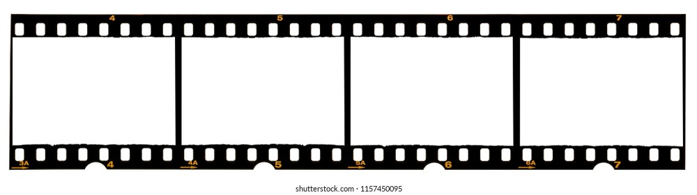 long film strip, blank photo frames, free space for your pictures, real high-res 35mm film strip scan with signs of usage on white background