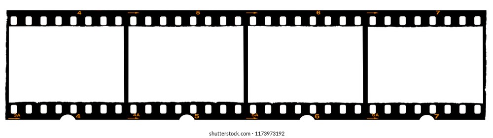 long film strip, blank photo frames, free space for your pictures, real high-res 35mm film strip scan with signs of usage on white