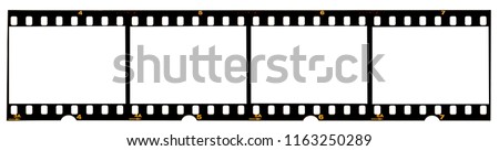 long film strip, blank photo frames, free space for your pictures, real high-res 35mm film strip scan with signs of usage on white background