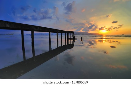 Long Fishing Pier At Bagan Ajam Penang, Malaysia. Copy Space Area