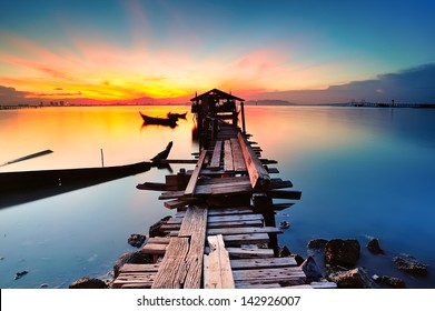 Long Fishing Pier At Jelutong Penang, Malaysia