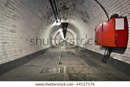 A long foot tunnel under the river Thames to Canary Wharf from Greenwich, London