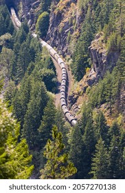 Long Freight Train Passing Through The Evergreen Woods And Mountains, Aerial View. Cargo Train With Fuel Passing Through The Forest Top View, Nobody, Travel Photo.