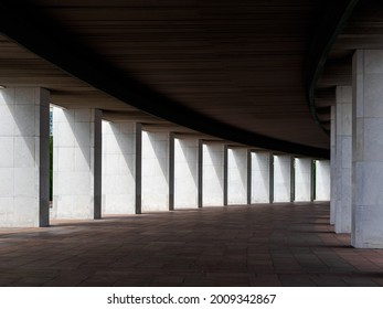 Long gallery of columns in the city building