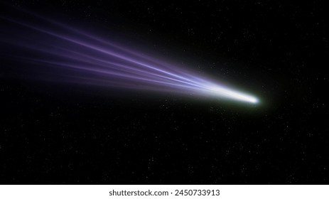 A long gas-dust tail of a comet in space. A beautiful celestial body against a background of stars. Comet in the vicinity of Earth.