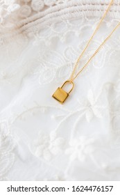 Long Gold Lock Pendent Necklace