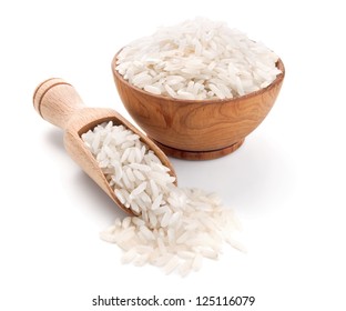 Long Grain Rice In A Wooden Bowl Isolated On White Background