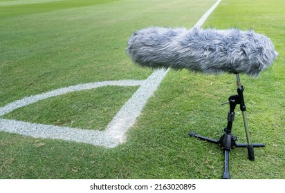 The long gun microphone on the soccer field, microphone for live events, Recording devices is placed around the football field to provide full sound.