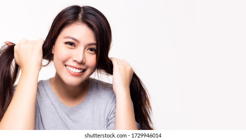 Long Hair Asian Woman Healthy And Strong With Loose Hair Color Because She Does Not Go To Hair Salon For Long Time. Young Female Has Straight Long Hair. She Want Dyed, Treatment, Spa With Smile Face