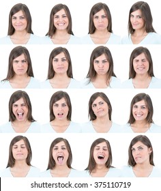 long hair brunette young casual caucasian woman collection set of face expression like happy, sad, angry, surprise, yawn isolated on white - Shutterstock ID 375110719