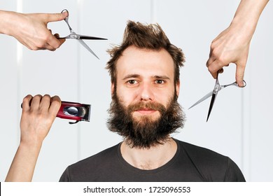 Long Hair Freak Crazy Man Hold Scissors And Trimmer And Guy Want Cut His Hair At Home. Concept For Barbershop.