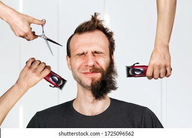 Long Hair Freak Crazy Man Hold Scissors And Trimmer And Guy Want Cut His Hair At Home. Concept For Barbershop.