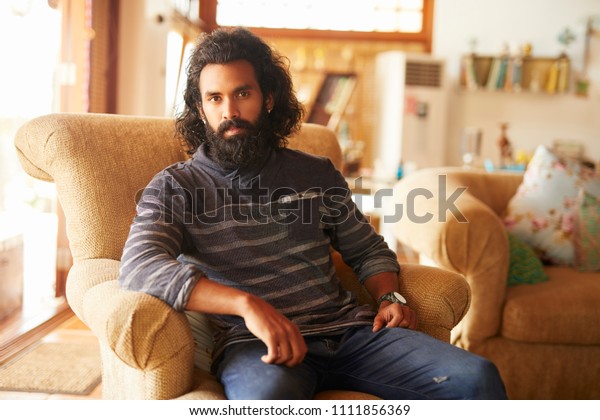 Long Hair Young Man Relaxing Home Stock Photo Edit Now 1111856369