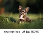 long haired chihuahua puppy posing on green grass outdoors