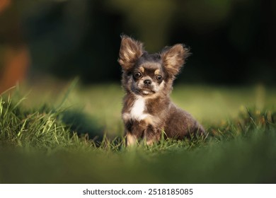 long haired chihuahua puppy posing on green grass outdoors - Powered by Shutterstock