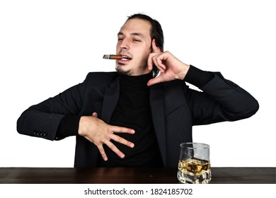 Long Haired Rich Guy With Cigar And Whiskey Dancing In Front Of Bar Counter. He Is Wearing Black Suit. Isolated, White Background.