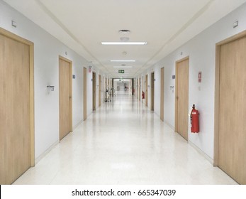 Long Hallway Corridor In The Hospital.