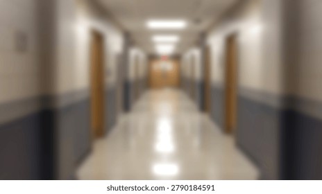 A long hallway perspective featuring multiple doors, bright overhead lighting, and a sense of depth within a building. The image captures the architectural design.