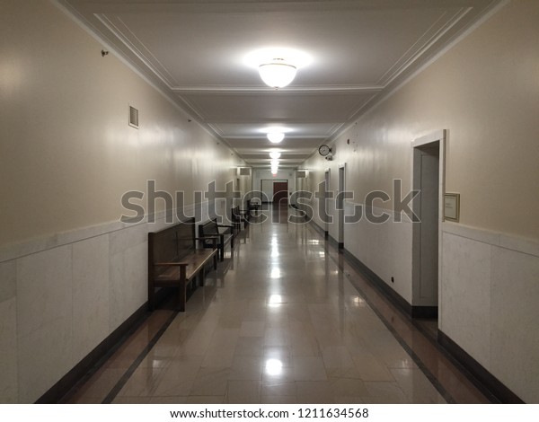 Long Hallway Vintage Courthouse Wooden Benches Stock Photo Edit