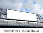 Long horizontal billboard on metal truss structure on cloudy sky background. Mock-up.