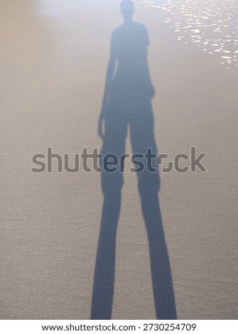 Long human shadow reflected on wet beach sand during sunset, creating a minimalist and abstract composition. Concept of solitude, freedom, travel, reflection, and calm seaside atmosphere. No identifia