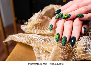 long intricate themed nail extension and themed design  green nails and intricate creative design and snake scale pattern  the girl's hands lie the old skin shed 
