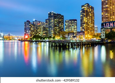 Long Island City skyline at dusk. LIC is the westernmost residential and commercial neighborhood of the NYC borough of Queens