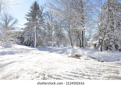 Long Island New York Suburban Neighborhood Blanketed In Snow