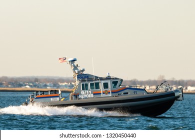 Long Island, New York USA - February 21, 2019 : A Nassau County Police Marine Patrol Boat Patrols The Waterways Of South Nassau County.  