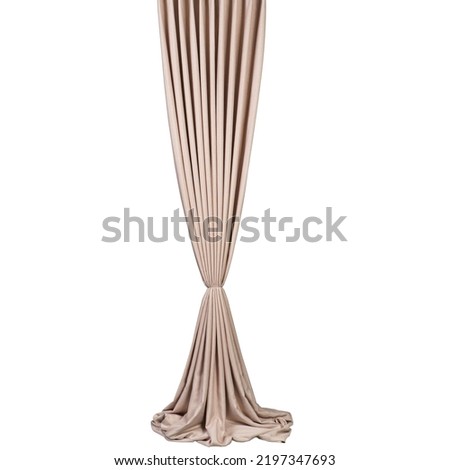 a long light brown curtain with tails, tied with a braid in the center, on a white background, isolate