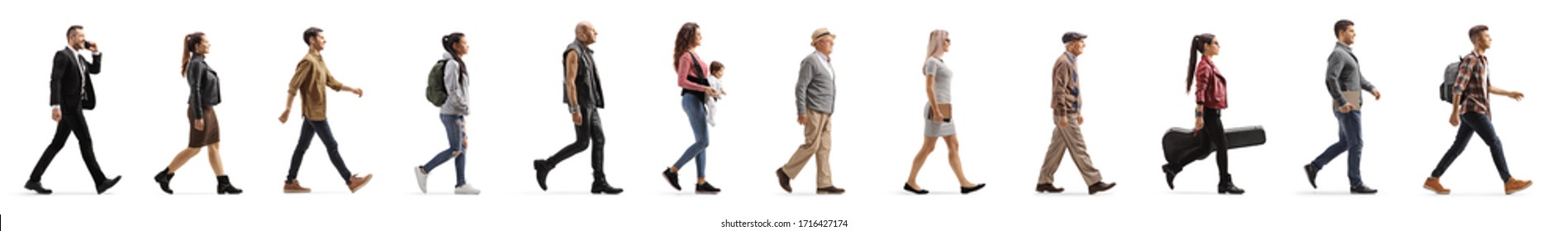 Long line of different profile people walking isolated on white background