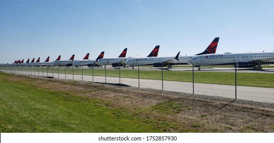 A long line of out of commission Delta airplanes amid coronavirus pandemic. Kansas City, Missouri. June 7, 2020