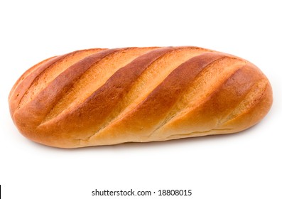 long loaf cut bread from wheat flour and fancy pastry on white background