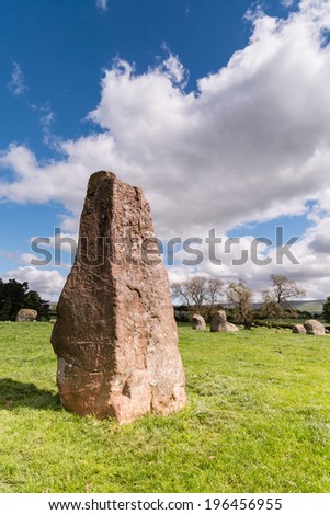 Long Meg Monolith / Long Meg and her daughters is a bronze age stone circle consisting of 59 stones Long Meg being a monolith to the southwest of the circle
