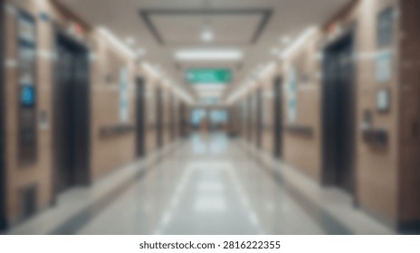 A long, modern hallway with multiple elevator doors on both sides and overhead lighting.