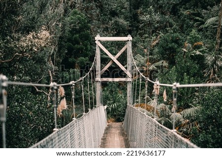 long narrow old bridge with the pillars and wooden floor fastened with long metal wires that crosses the forest river on donut island, new zealand