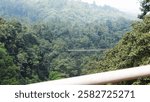 A long, narrow suspension bridge, Jembatan Gantung Situ Gunung,  draped amidst the verdant expanse of a tropical rainforest in Indonesia.