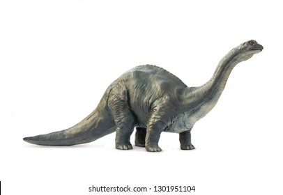 Long Necked Dinosaur Eating Plants Brontosaurus In Form Classic Style On White Background.